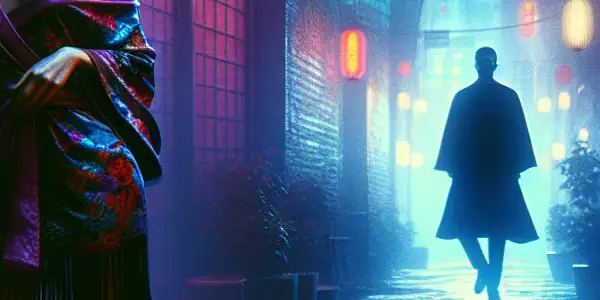 A tense urban night scene featuring a seductive woman and a mysterious man in a shadowy alleyway.