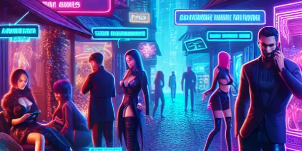 A vibrant neon-lit cityscape in 2026, featuring playful characters in futuristic attire and immersive interactive elements.
