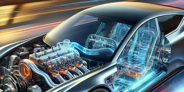 A high-performance car with a glowing engine speeds down a futuristic highway at sunset.