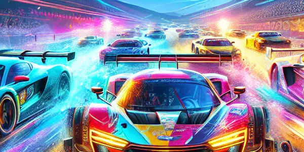 A thrilling racing event featuring diverse high-speed cars, an excited crowd, and promotional graphics highlighting discounts.