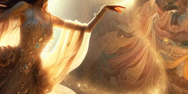 A contemporary dancer performs amidst ancient murals and celestial maidens in a magical, dreamlike Dunhuang cave setting.