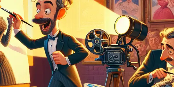 A comedic scene in a vintage cinema with a painter, a surprised lady, and a modern wristwatch.