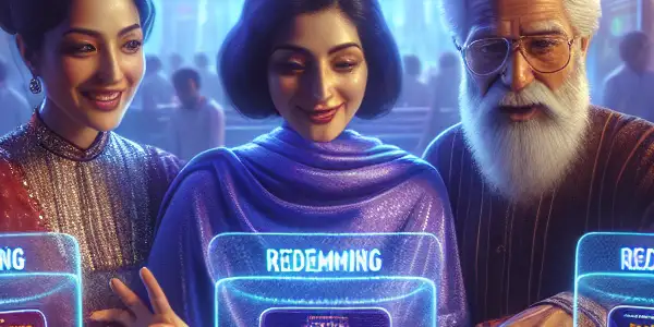 A vibrant futuristic digital marketplace for classic adult video content, featuring diverse users engaging with holographic interfaces.