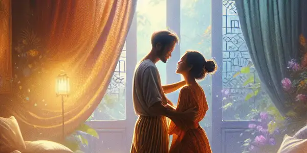 A cozy, intimate scene of two figures joyfully interacting in a warmly lit, inviting room.