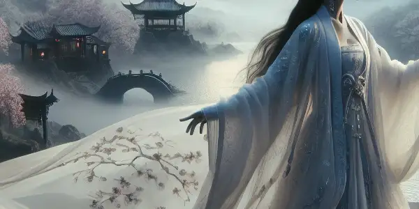 Liu Yifei as Xiaolongnü in a serene landscape, blending elegance with warrior strength amid misty mountains and cherry blossoms.