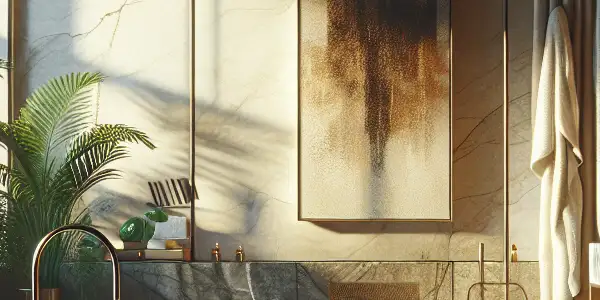 A modern, elegant bathroom featuring a soaking tub, marble countertops, greenery, and soft lighting for a cozy atmosphere.