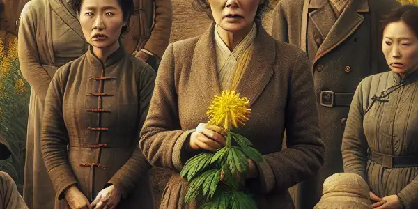A rural family stands in a field of blooming bitter herbs, symbolizing resilience during the 1940s Japanese occupation.