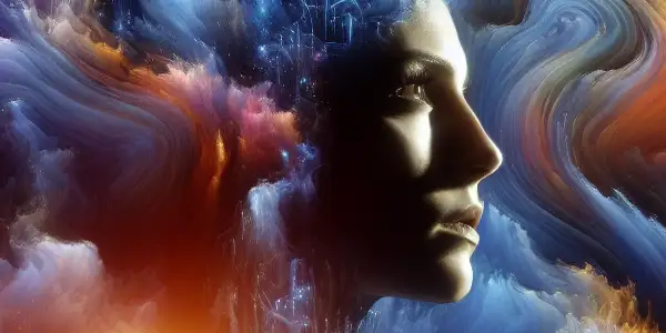 A powerful female character manipulates her environment amidst swirling colors, representing enhanced brain activity and cosmic exploration.