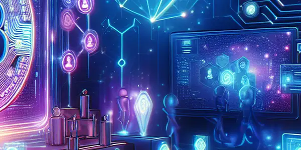 A vibrant virtual marketplace for futuristic digital currency in adult entertainment, featuring glowing coins and a stylized blockchain network.