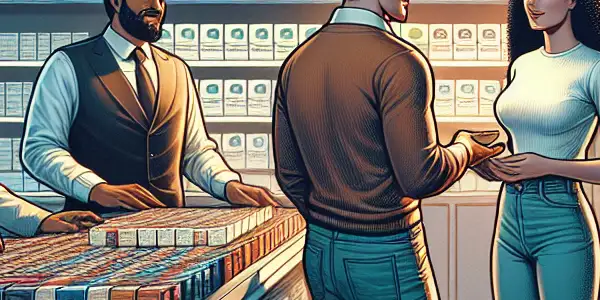 A modern adult store showcasing virus-free condoms, featuring a friendly salesperson assisting a curious couple.