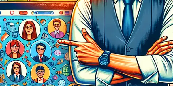 A middle-aged educator in a virtual classroom engaging with diverse adult learners through digital tools and resources.