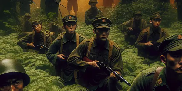 Chinese scouts stealthily maneuver through a dense forest at dusk, focused on evading enemy soldiers during wartime.