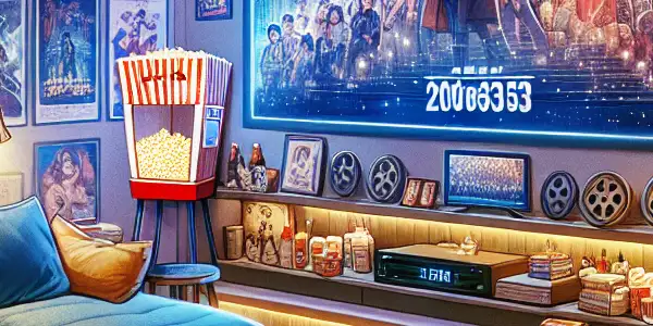 A cozy home theater with a large TV, plush seating, snacks, and warm lighting, perfect for movie nights.