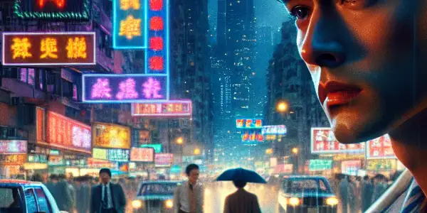A young man in 1980s attire gazes introspectively at a vibrant, rain-soaked Hong Kong street at dusk.