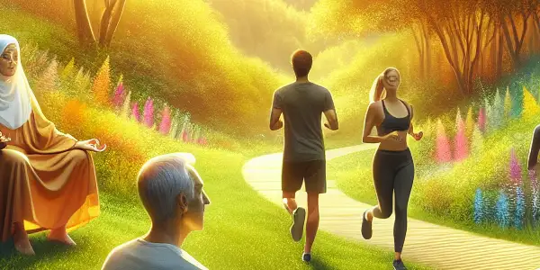 A tranquil outdoor scene showcasing diverse individuals engaging in healthy activities, symbolizing natural enhancement and vitality.