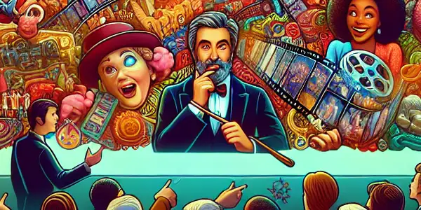 A diverse group of people excitedly playing a movie guessing game around a table with iconic film items displayed.