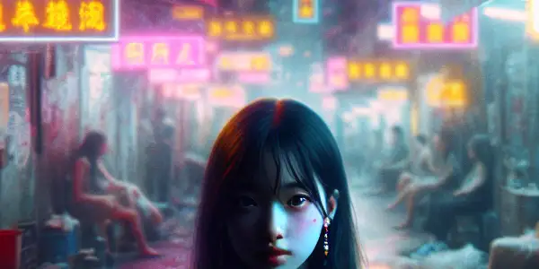 A young girl in a white dress stands in a neon-lit Hong Kong street, facing a dark reality.