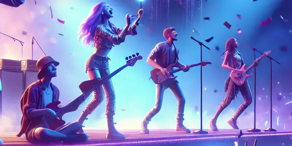 A lively concert scene with enthusiastic fans, a dynamic stage, and colorful visuals, celebrating music together.