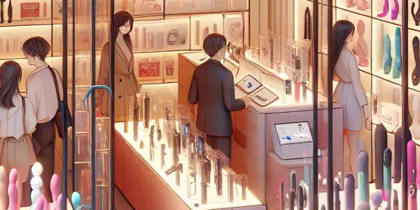 A modern adult toy store displaying innovative products, with a welcoming atmosphere and engaged customers exploring the offerings.