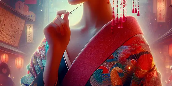 A cinematic poster featuring a beautiful actress in a kimono, surrounded by symbols of Japanese culture and film evolution.
