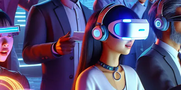 A futuristic Japanese AV film studio with diverse characters discussing immersive VR technology amidst colorful neon lights.