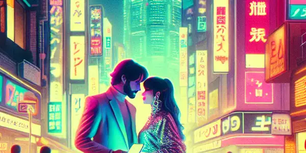 A neon-lit Tokyo street scene featuring a stylish couple in an intimate moment, blending retro charm with futuristic elements.