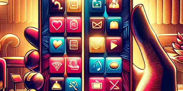 A sleek smartphone displaying a vibrant adult entertainment app interface in a cozy, inviting setting.