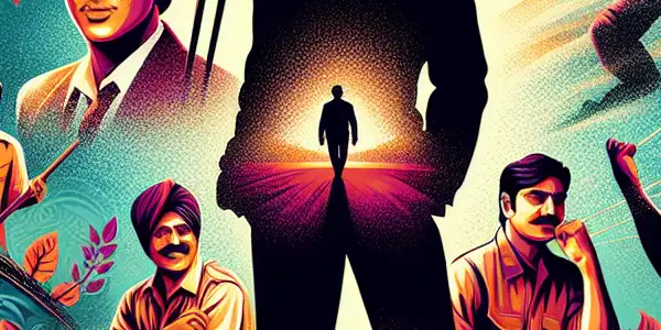 A vibrant movie poster celebrating Aamir Khan's cinematic journey with iconic film elements and a Bollywood backdrop.