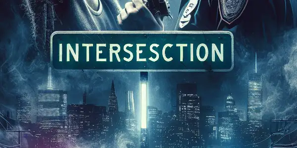 A tense standoff between a gangster and a police officer in a dark, neon-lit urban landscape.