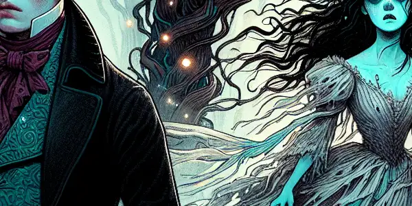 A nervous young man stands with the haunting Corpse Bride in a dark, misty Victorian forest.