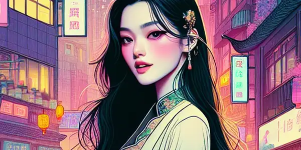 A stylish young woman with an enigmatic smirk stands confidently in a vibrant urban street, hinting at playful intrigue.