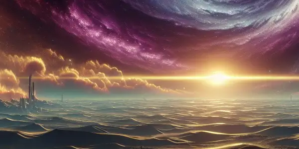 A futuristic spaceship navigates a vibrant cosmic landscape with swirling nebulae and giant sandworms among illuminated dunes.