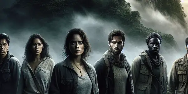 A mysterious, misty island with five tense characters amidst dark foliage and a stormy sky, hinting at danger.