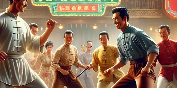 Jackie Chan, Sammo Hung, and Yuen Biao in a dynamic martial arts scene, set in a vintage Hong Kong film studio.