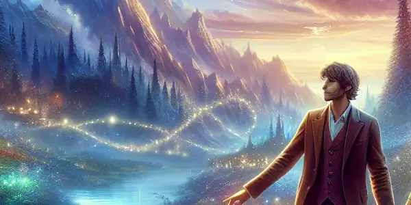 A charming couple explores a magical forest filled with glowing flowers and creatures under a starlit sky.