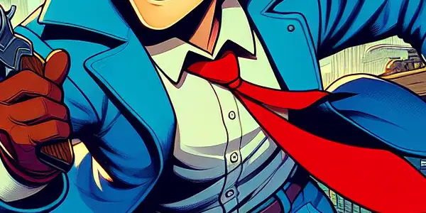 Lupin III and his companions chase across rooftops in a vibrant, bustling cityscape filled with excitement.