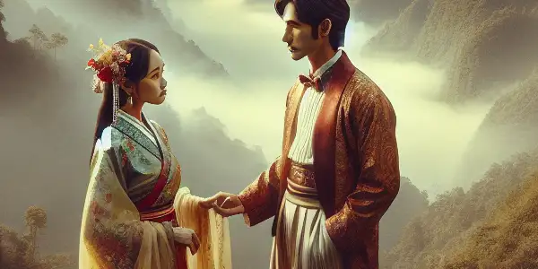 A romantic couple in traditional and 1980s attire stands hand-in-hand against the lush backdrop of Lushan Mountain.