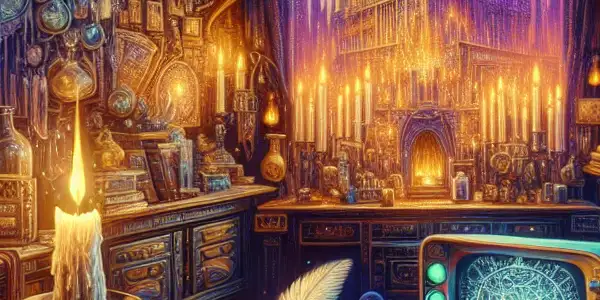 A cozy, magical room filled with Harry Potter memorabilia, featuring a flickering candle, spellbook, and vintage laptop.