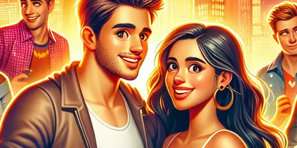 A lively urban scene featuring a charming couple surrounded by friends, balloons, and hints of romance.