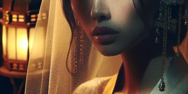 A mysterious actress in a sheer veil stands in a dimly lit Japanese film studio, surrounded by vintage equipment.