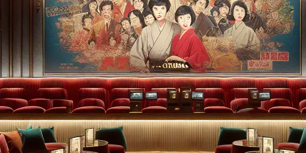 A nostalgic retro cinema hall showcasing vintage adult films with plush seating, classic movie reels, and iconic film posters.