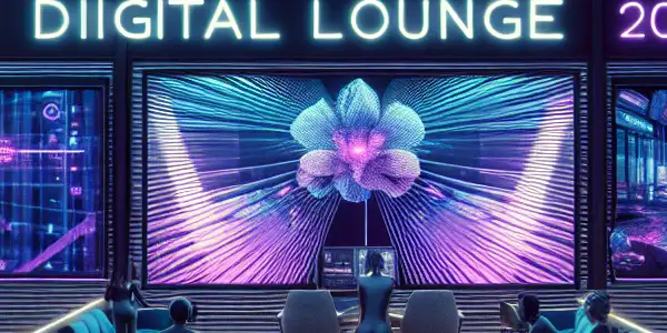 Futuristic digital lounge for immersive adult entertainment with diverse users engaged in virtual reality experiences.