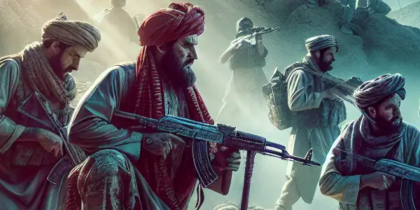 A dramatic battlefield in Afghanistan blending themes of war with elements of sensuality and tension.