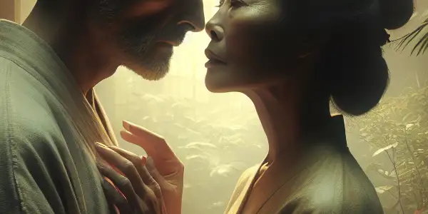 A middle-aged couple shares an intimate moment amidst lush foliage and traditional Japanese architecture, embodying forbidden love.