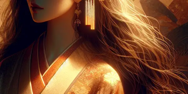 A mysterious woman in an elegant outfit surrounded by cherry blossoms and silhouettes of captivated men.