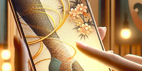 A stylish smartphone displaying a vivid adult film image, held elegantly in a cozy, intimate setting.