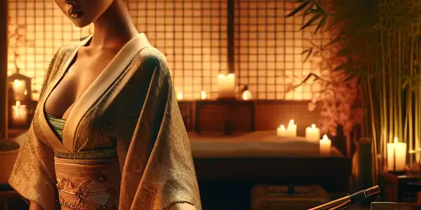 A luxurious Japanese massage room featuring a skilled female masseuse, traditional decor, and a serene garden view.