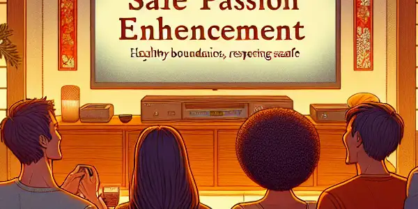 A cozy living room with diverse individuals joyfully watching adult content, emphasizing safety and community.