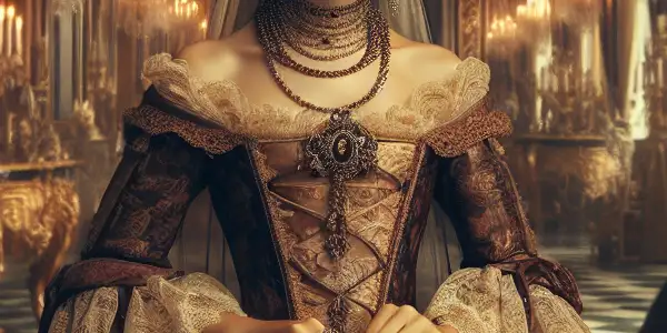 A regal princess in a lavish 19th-century gown stands in an opulent palace, exuding elegance and mystery.