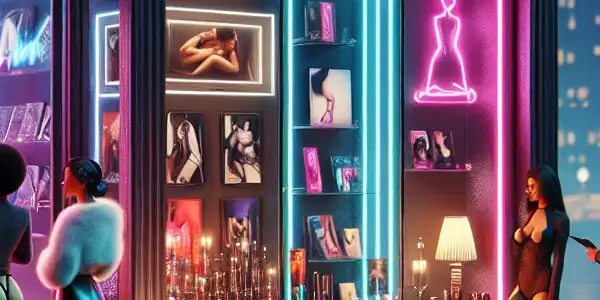 A modern adult toy store storefront with neon signs, diverse customers, and a bustling urban nightlife backdrop.